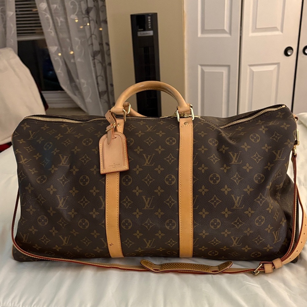 Louis Vuitton Monogram Canvas Travel Duffel in Brown with Tan Trim